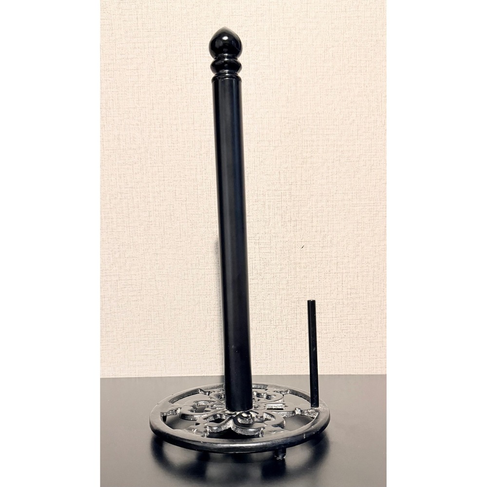 Vintage Cast Iron Paper Towel Holder Black Filigree Weighted Base Farmhouse